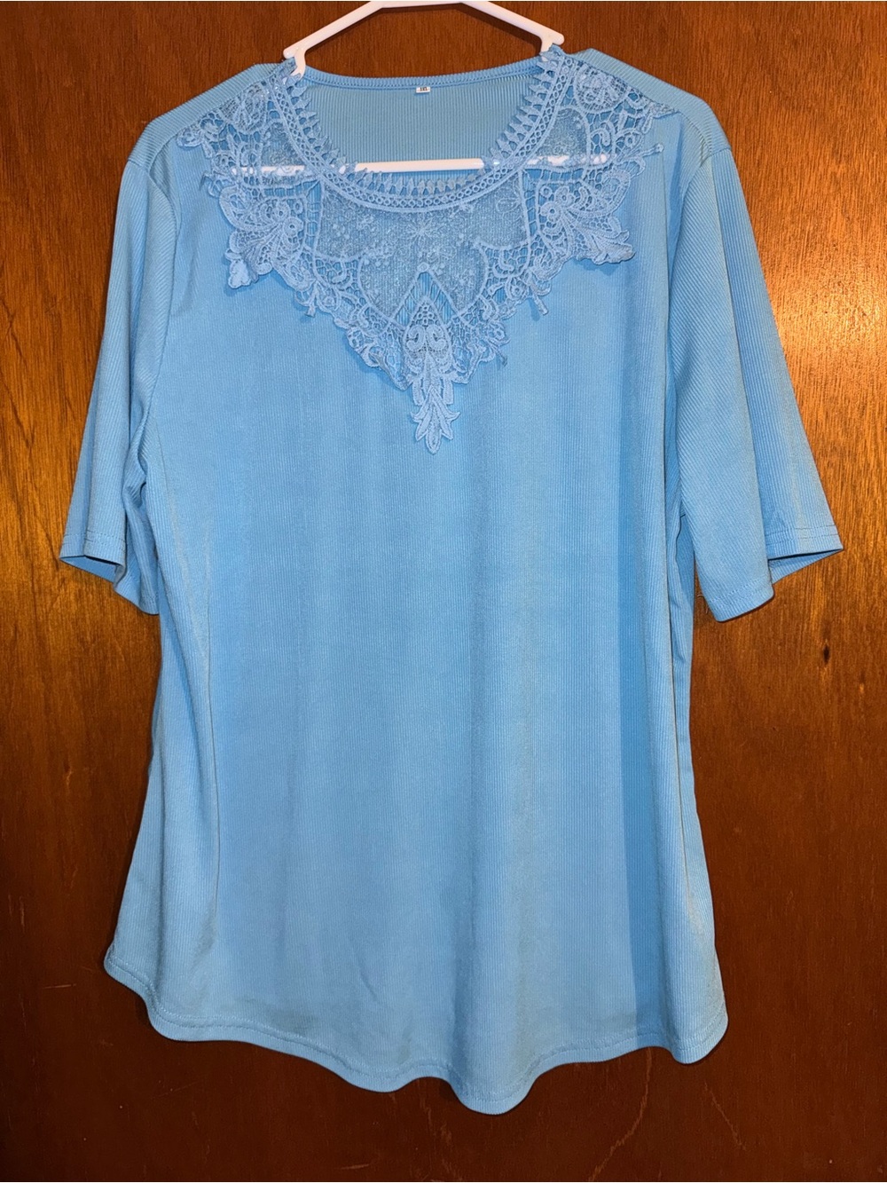 Sky Blue Short Sleeve Top with Lace Yoke